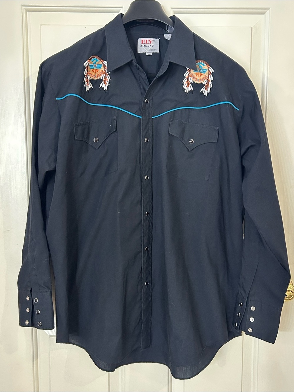Vintage Ely Diamond Shirt Men’s XL Black Embroidered Aztec Pockets Pearl Snap